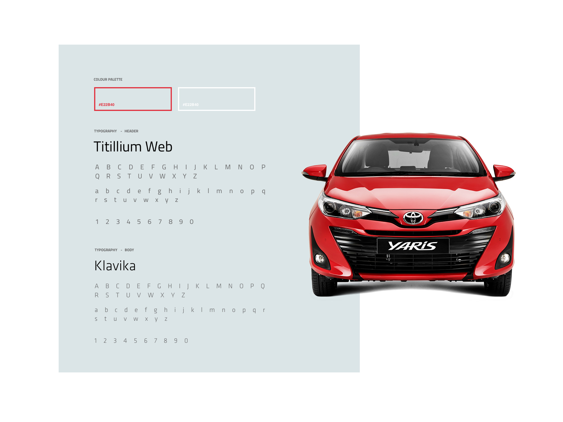 A red Toyota Yaris car is displayed with color palette and typography styles, examples using 