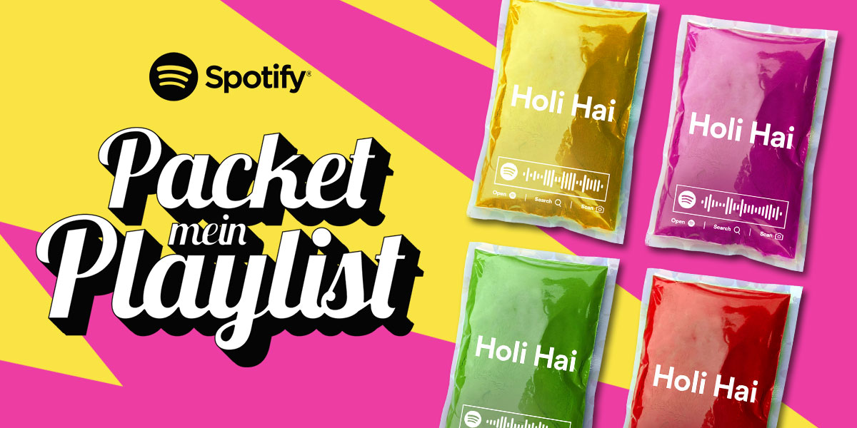 Spotify and Holi festival, featuring packets of Holi color powders, branded with 